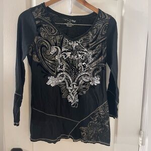Vintage Y2K RXB Black and White Ornate Long Sleeve Top
